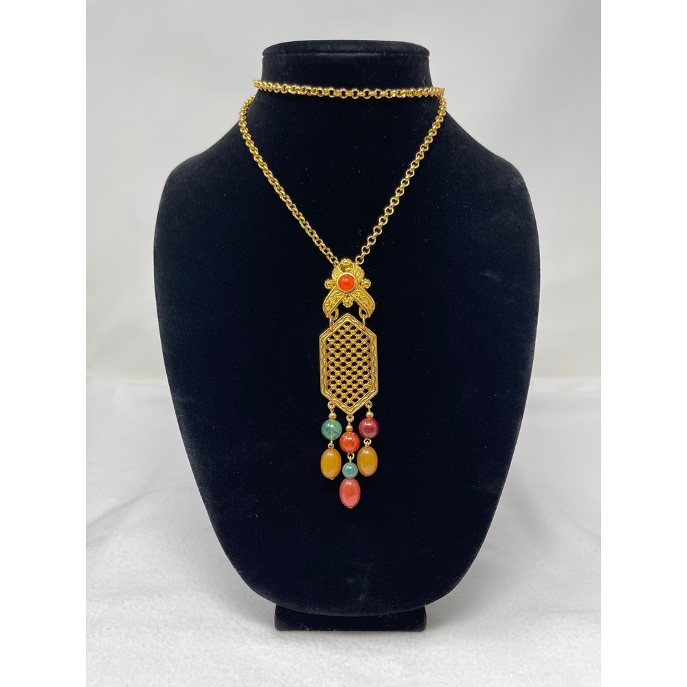 Avon Womens Vintage Multi-Color Bead Gold Tone Pendant Necklace OS Gold Boho